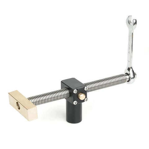 Robust Mingzhe Carpenter Workbench Clamping Tool Featuring High Precision Vise Adjustable Length For Woodworking Projects And Long Lasting Brass Steel 20mm Design close-up view showing brass and steel components with adjustable clamp.