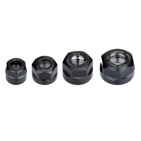 Precision ER Collet Nut Kit For CNC Lathe And Milling Machine, featuring ER8, ER11, ER16, ER20 black steel nuts.
