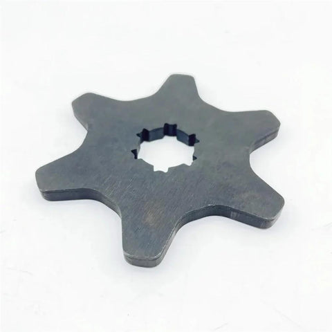 Clutch cam star-shaped metal plate with six rounded lobes and splined inner bore (front view)
