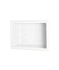 Solid Surface Shower Shelf With Recessed Design For Toiletries, Includes Color Coordinated Silicone, Mounts Vertically Or Horizontally Between Studs, Built To Last In White Finish showing empty niche