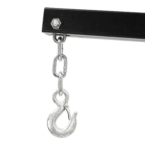 Badass Two Ton Folding Hydraulic Engine Lift Crane hook with chain detail, designed for heavy-duty lifting in auto shops.