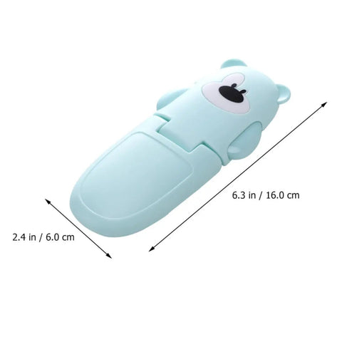 Bear Shaped Safety Locks For Drawers And Cabinets, blue non marking adhesive lock, cartoon bear design, dimensions shown