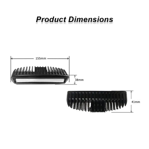 Product dimensions of the red ground signal forklift lamp for Raymond 8210, size 155mm x 38mm, showing front and side views.