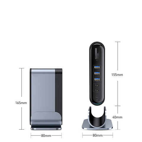 Reliable 17 In 1 USB C Hub Runs Like Clockwork With Zero Mess Plug In Setup Rock Solid 5Gbps Speeds 100W Pd Charging displayed from different angles with dimensions.
