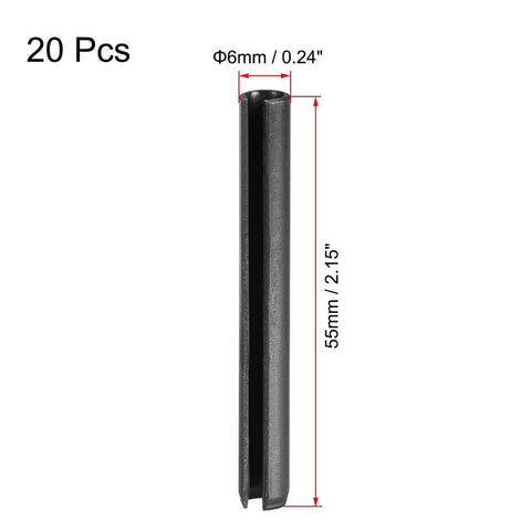 Slotted Spring Pin Set 6mm x 55mm Plain Finish 65Mn Steel Roll Assortment Kit, 20 Pieces, shown with dimensions on image