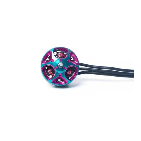 Close-up of Boss Level Gts V3 0802 1S Brushless Motors For Tiny Whoop And Cinewhoop Drones, showing turquoise and purple design.