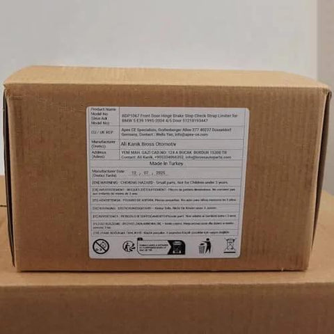 Box with label reading Door Catch Hinge Brake Stop Check Strap Limiter For BMW 5 Series E39 Front Left Or Right 51218193447