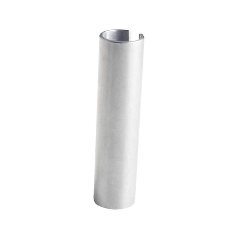 Silver metal shaft sleeve/bushing, hollow cylindrical adapter with top slit for pulley bore reduction.