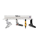 No Fuss Wall Mounted Air Tool Rack Organizer For Garage Shop Or Enclosed Trailer Holds 10 Pneumatic Wrenches And Guns With Slick Aluminum Build, silver tool rack with pneumatic guns mounted.