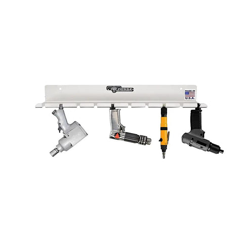 No Fuss Wall Mounted Air Tool Rack Organizer For Garage Shop Or Enclosed Trailer Holds 10 Pneumatic Wrenches And Guns With Slick Aluminum Build, silver tool rack with pneumatic guns mounted.
