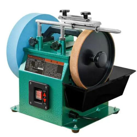 Heavy Duty 10 Inch Electric Knife Sharpener With Water Cooled Cooling System For Kitchen And Shop Use No Fuss Bench Grinder For 220V Direct Hookups Straight Up Razor Edge Results in green with water cooling and dual grinding wheels.