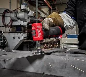Top Shelf Brushless Right Angle Die Grinder 12V Cordless Powerhouse Boasting Three Speed Switches in action, grinding metal surface.