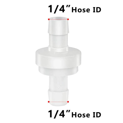 Inline check valve, white plastic, 1/4 inch hose ID, front view