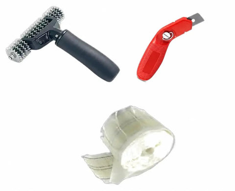 High Performance Carpet Patch Repair Kit With Five Inch Star Wheel Seam Roller, Razor Sharp Carpet Knife, and Double Sided Tape.