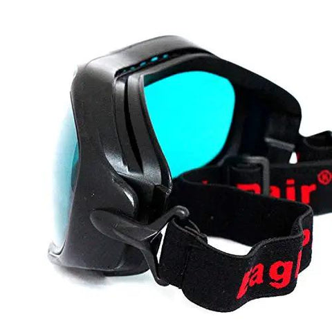 Heavy Duty Laser Safety Goggles Featuring Wide Spectrum Od4 Polycarbonate Lenses That Block Harmful Uv And Infrared Rays For Lab Tasks And Workshop Projects Providing Rock Solid Eye Protection With A Comfy Fit For Serious Shop Use No Cap Side view showing polycarbonate lenses and adjustable strap.