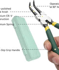 Hand holding 7 Inch Snap Ring Pliers Set 4 Piece Heavy Duty Retaining Ring Pliers Kit For Internal And External Circlips with storage case.