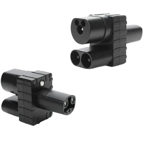Check Your Electric Ride With This Dope DC AC EV Converter Compatible With Tesla Model 3 Model Y Model X Model S For CCS2 Charging Stations showing two black connectors.