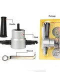 Double Head Nibbler For Sheet Metal Cutting With 360 Degree Adjustable Heads in packaging, includes handle and wrench.