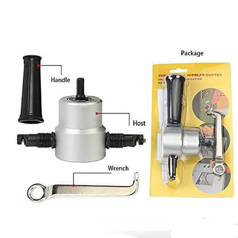 Double Head Nibbler For Sheet Metal Cutting With 360 Degree Adjustable Heads in packaging, includes handle and wrench.