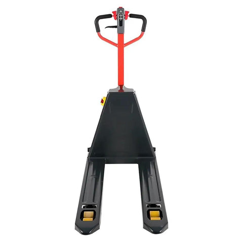 Premium Full Electric Pallet Jack With Lithium Power Truck For Warehouse And Supermarket Material Handling, smooth black and red design.
