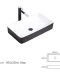Bathroom Vessel Sink - Countertop Wash Basin with Thin Ed, Art Design for Home & Hotel - Counter Basin for Modern Bathrooms, white and black, 605x350x110mm.