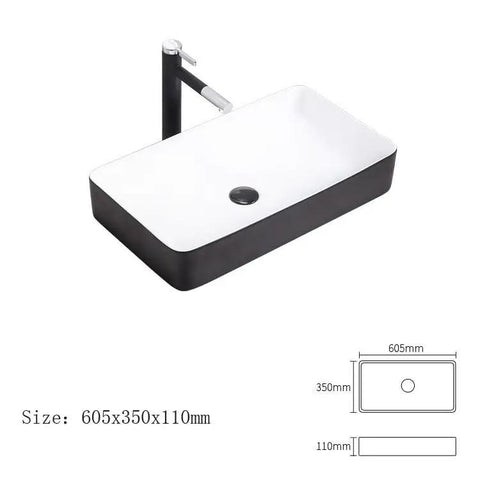Bathroom Vessel Sink - Countertop Wash Basin with Thin Ed, Art Design for Home & Hotel - Counter Basin for Modern Bathrooms, white and black, 605x350x110mm.