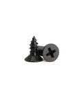 Top Shelf Heavy Duty Flat Head Self Tapping Wood Screws Forged From Badass Carbon Steel With Tough Black Oxide Shield For Zero Stink Rust And Smooth Drive Includes 100 Reliable Quick Grabbers, showcasing two black screws.