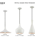 White 7.25-Inch Mini Pendant Light with Gold-Interior Metal Shade rightmost, showing adjustable cord and modern design.