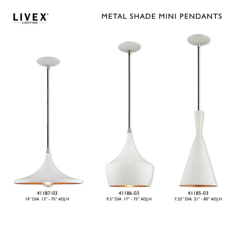 White 7.25-Inch Mini Pendant Light with Gold-Interior Metal Shade rightmost, showing adjustable cord and modern design.