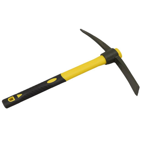 Double Headed Pick Mattock Hoe 15-Inch Garden Tool with forged steel head and fiberglass handle on white background.