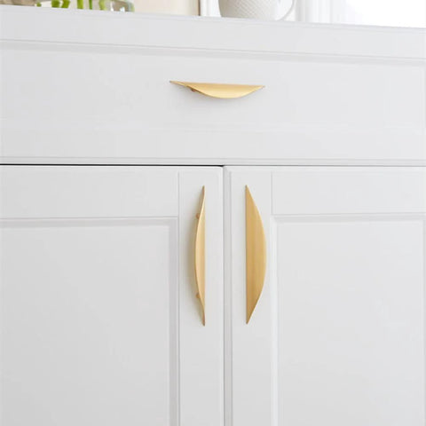 4 Pack Brushed Gold Crescent Cabinet Pulls With 5.79 Inch Overall Length And 3.75 Inch Hole Centers on white cabinet doors