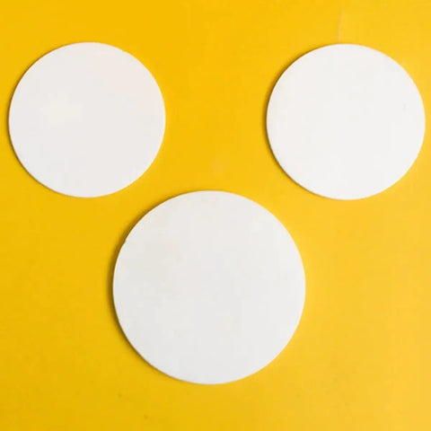 Boron Nitride Ceramic Round Sheet With High Thermal Conductivity And Electrical Insulation For Scientific Research Labs Disc BN Pro Grade for lab use, shown in 10 to 110 mm diameter, white on yellow background.