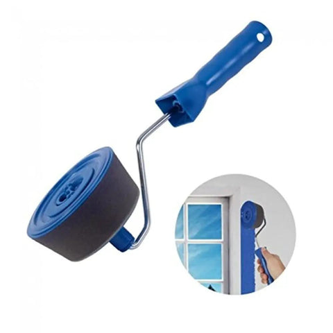 No Sweat Seamless Paint Roller Brush With Slick Flocked Wall Edger Trouble Free Interior Painting Set For Smooth Pro Level Finish Quick Pour And Roll Kit With Heavy Duty Glove with blue handle and foam roller.