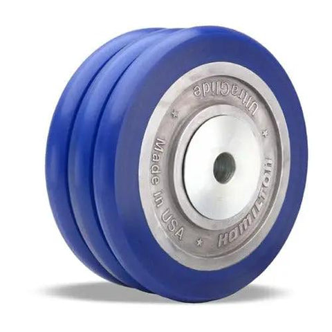 Heavy Duty Triple Wheel Caster 8 Inch Polyurethane On Aluminum Core Industrial Swivel Casters showing blue polyurethane wheel.