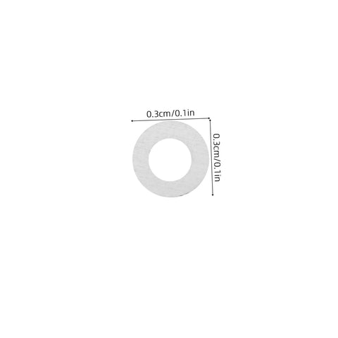 Single silver metal washer with dimensions 0.3cm shown. Heavy Duty Metal Eyeglass Screw Washers For Frameless Glasses Repair Kit With 200 Pieces Nut Washers