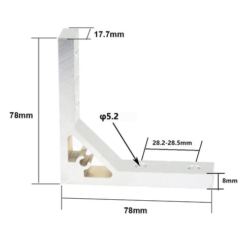 Diagram of a 4 Pack 78x78mm Corner Bracket for 2020 Aluminum Extrusion Profile showing dimensions and angles.