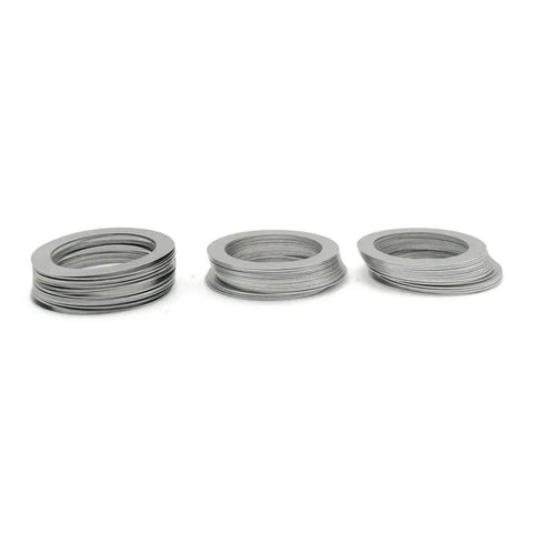 Ultra Thin Stainless Flat Washer Set For Precision Spacing, 0.3mm Axle Bearing Spacers, Fits M35 M48 M50, Pro Grade High Precision, 5 Pack, 42x52mm, All Weather Durable Hardware Washers stacked stainless steel washers on white background