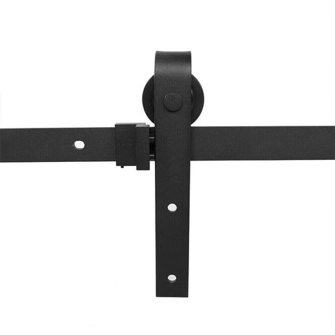 Heavy Duty Bypass Barn Door Hardware Kit For Cabinets And Closets, Two Foot Track System, black roller arm and rail close-up