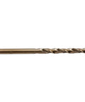 Side view of 6mm cobalt drill bit, HSS, 135-degree split point, round shank.
