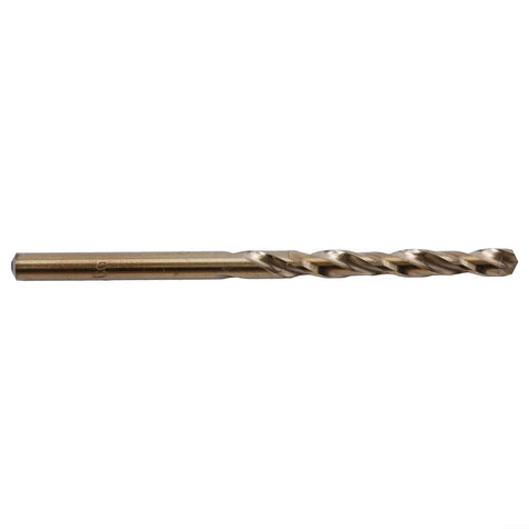Side view of 6mm cobalt drill bit, HSS, 135-degree split point, round shank.