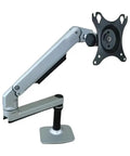Built Different Heavy Duty Monitor Arm With Smooth Multi Angle Swivel Quick Install Rock Solid Base Easy Cable Management mounted on a desk.