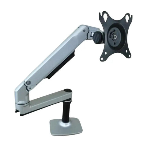 Built Different Heavy Duty Monitor Arm With Smooth Multi Angle Swivel Quick Install Rock Solid Base Easy Cable Management mounted on a desk.