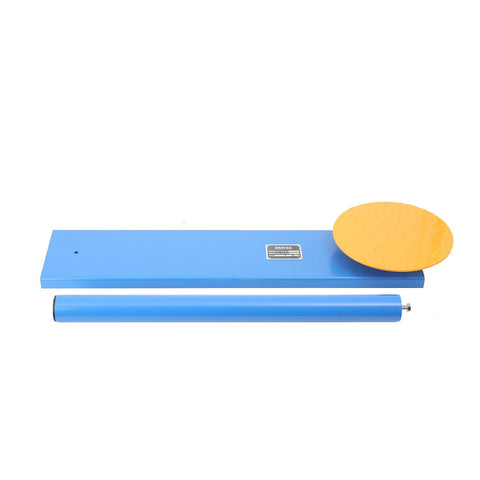 Heavy Duty Manual Stretch Film Dispenser Portable Wrap Tool For Quick Pallet Packaging And Warehouse Shipping Tasks You Can Knock Out In No Time Flat Today with blue rolling surface and yellow circular plate.