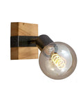 Slick Adjustable Metal And Wood Wall Sconce Vintage Industrial Farmhouse Light No Hassle Mount For Hallway Bedroom Stairs Heavy Duty Frame, close-up view with glass bulb.