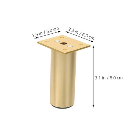 Adjustable Round Aluminum Furniture Legs With Rubber Pads, 4 Pack, shown in gold with measurements in inches and cm