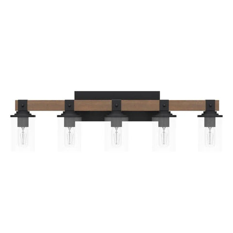 Front view of Five Light Farmhouse Vanity Light With Wood And Black Finish For Bathroom And Bedroom Dope Rustic Wall Sconce