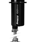 Universal In Tank Fuel Pump E85 Ethanol Compatible 100 Psi Peak Pressure shown from side with silver base and black body.