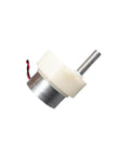 Side view of 6V DC gear reducer motor with 18mm shaft and white plastic gear housing; red and black wires visible