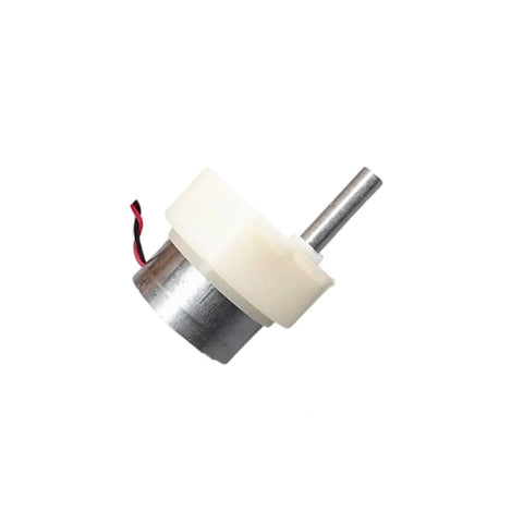 Side view of 6V DC gear reducer motor with 18mm shaft and white plastic gear housing; red and black wires visible