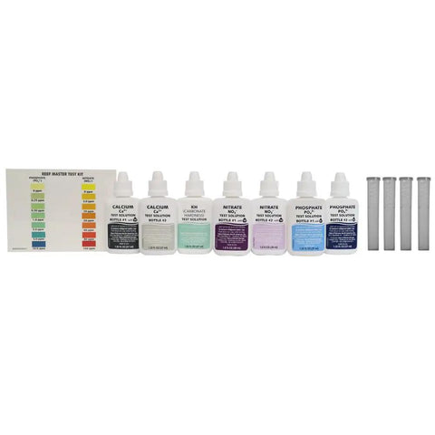 Straight Up Essential Reef Tank Test Kit with 7 test bottles and 4 test tubes, designed for accurate water quality monitoring.